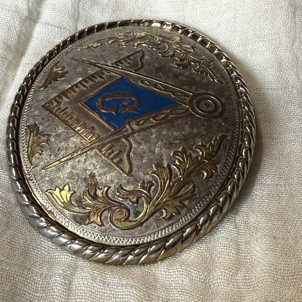 VTG Masonic Belt Buckle Freemason Square Compasses Blue Enamel Western Made USA